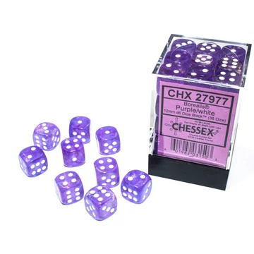 Dobókocka - Chessex Borealis d6 (12 mm) kockablokk Purple/white Luminary (36 db-os szett)