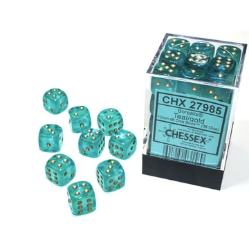 Dobókocka - Chessex Borealis d6 (12 mm) kockablokk Teal/gold Luminary (36 db-os szett)