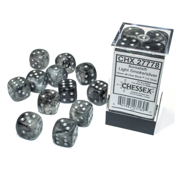 Dobókocka - Chessex Borealis d6 (16 mm) kockablokk Light Smoke/silver (12 dice)