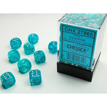 Dobókocka - Chessex Cirrus d6 (12 mm) kockablokk Aqua/silver (36 db-os szett)