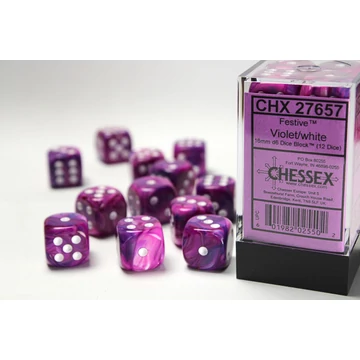 Dobókocka - Chessex d6 (16 mm) kockablokk Festive Violet/white (12 db-os szett)