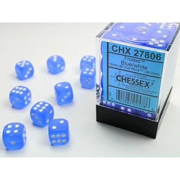 Dobókocka - Chessex Frosted d6 (12 mm) kockablokk Blue/white (36 db-os szett)