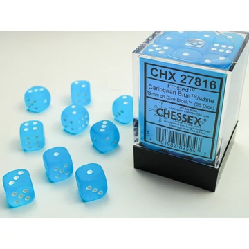 Dobókocka - Chessex Frosted d6 (12 mm) kockablokk Caribbean Blue/white (36 db-os szett)