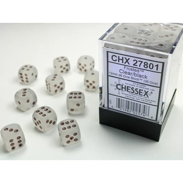 Dobókocka - Chessex Frosted d6 (12 mm) kockablokk Clear/black (36 db-os szett)