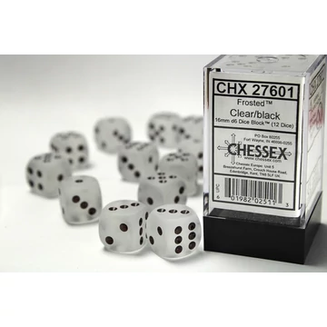 Dobókocka - Chessex d6 (16 mm) kockablokk Frosted Clear w/black (12 db-os szett)