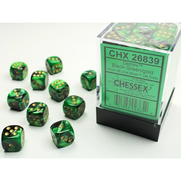 Dobókocka - Chessex Gemini d6 (12 mm) kockablokk Black-Green/gold (36 db-os szett)