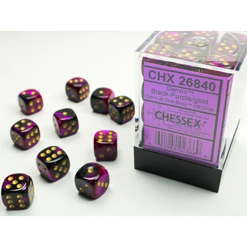 Dobókocka - Chessex Gemini d6 (12 mm) kockablokk Black-Purple/gold (36 db-os szett)