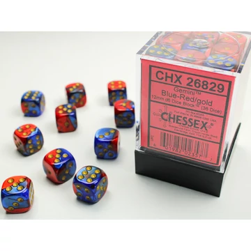 Dobókocka - Chessex Gemini d6 (12 mm) kockablokk Blue-Red/gold (36 db-os szett)