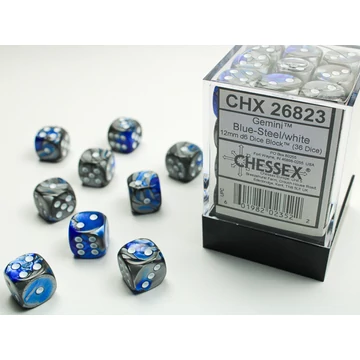 Dobókocka - Chessex Gemini d6 (12 mm) kockablokk Blue-Steel/white (36 db-os szett)