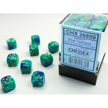 Dobókocka - Chessex Gemini d6 (12 mm) kockablokk Blue-Teal/gold (36 db-os szett)