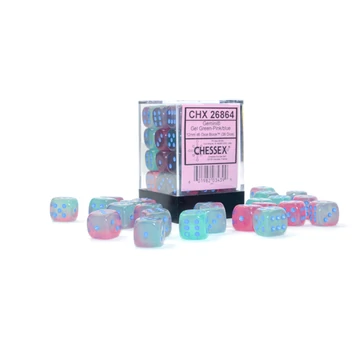 Dobókocka - Chessex Gemini d6 (12 mm) kockablokk Gel Green-Pink/blue (36 db-os szett)