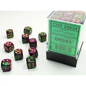 Dobókocka - Chessex Gemini d6 (12 mm) kockablokk Green-Purple/gold (36 db-os szett)