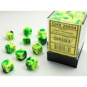 Dobókocka - Chessex Gemini d6 (12 mm) kockablokk Green-Yellow/silver (36 db-os szett)
