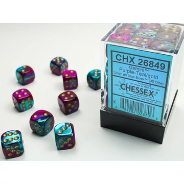 Dobókocka - Chessex Gemini d6 (12 mm) kockablokk Purple-Teal/gold (36 db-os szett)