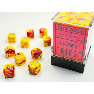 Dobókocka - Chessex Gemini d6 (12 mm) kockablokk Red-Yellow/silver (36 db-os szett)