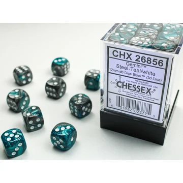 Dobókocka - Chessex Gemini d6 (12 mm) kockablokk Steel-Teal/white (36 db-os szett)