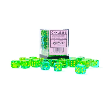 Dobókocka - Chessex Gemini d6 (12 mm) kockablokk Translucent Green-Teal/yellow (36 db-os szett)
