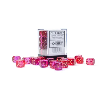 Dobókocka - Chessex Gemini d6 (12 mm) kockablokk Translucent Red-Violet/gold (36 db-os szett)