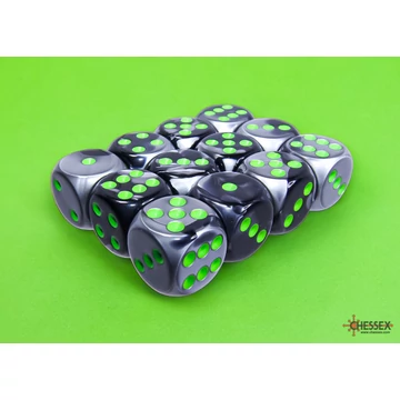 Dobókocka - Chessex Gemini d6 (16 mm) kockablokk Black-Grey w/green (12 db-os szett)