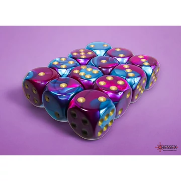 Dobókocka - Chessex Gemini d6 (16 mm) kockablokk Purple-Teal/gold (12 db-os szett)