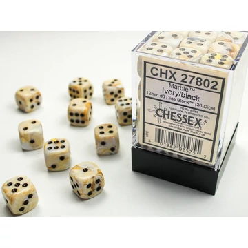 Dobókocka - Chessex Marble d6 (12 mm) kockablokk Ivory/black (36 db-os szett)