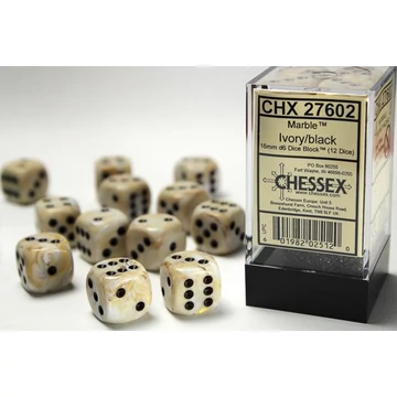 Dobókocka - Chessex d6 (16 mm) kockablokk Marble Ivory/black (12 db-os szett)
