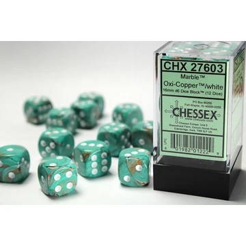 Dobókocka - Chessex d6 (16 mm) kockablokk Marble Oxi-Copper/white (12 db-os szett)
