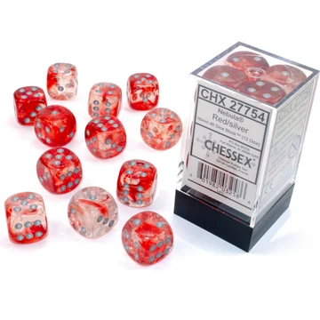Dobókocka - Chessex d6 (16 mm) kockablokk Nebula Red/Silver (12 db-os szett)