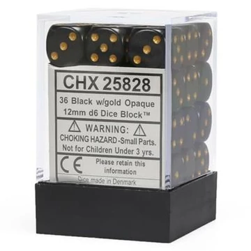 Dobókocka - Chessex Opaque d6 (12 mm) kockablokk Black/gold (36 db-os szett)