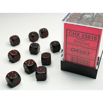 Dobókocka - Chessex Opaque d6 (12 mm) kockablokk Black/red (36 db-os szett)