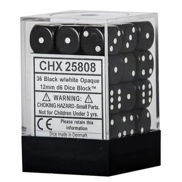 Dobókocka - Chessex Opaque d6 (12 mm) kockablokk Black w/white (36 db-os szett)