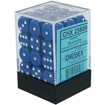 Dobókocka - Chessex Opaque d6 (12 mm) kockablokk Blue/white (36 db-os szett)