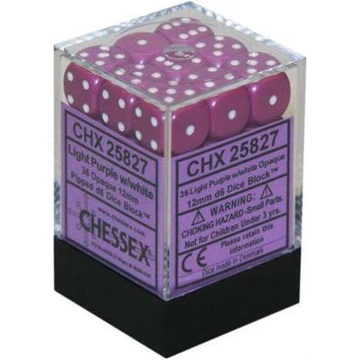Dobókocka - Chessex Opaque d6 (12 mm) kockablokk Light Purple w/white (36 db-os szett)