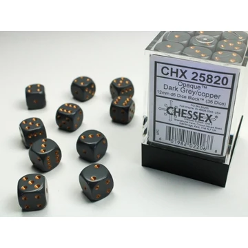 Dobókocka - Chessex Opaque d6 (12 mm) kockablokk Dark Grey w/copper (36 db-os szett)
