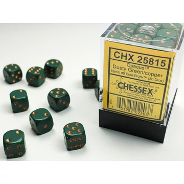 Dobókocka - Chessex Opaque d6 (12 mm) kockablokk Dusty Green/copper (36 db-os szett)
