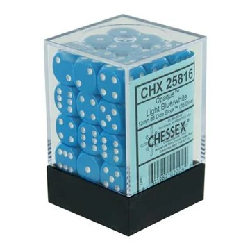 Dobókocka - Chessex Opaque d6 (12 mm) kockablokk Light Blue w/white (36 db-os szett)