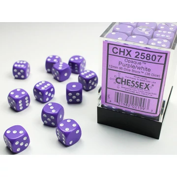 Dobókocka - Chessex Opaque d6 (12 mm) kockablokk Purple w/white (36 db-os szett)