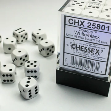 Dobókocka - Chessex Opaque d6 (12 mm) kockablokk White/black (36 db-os szett)