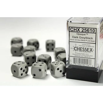 Dobókocka - Chessex Opaque d6 (16 mm) kockablokk Dark Grey/black (12 db-os szett)