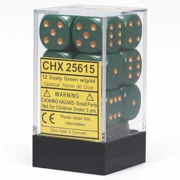 Dobókocka - Chessex Opaque d6 (16 mm) kockablokk Dusty Green w/gold (12 db-os szett)