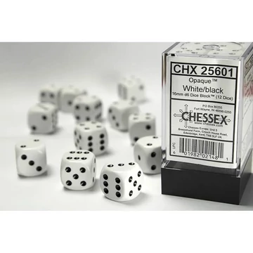 Dobókocka - Chessex Opaque d6 (16 mm) kockablokk White/black (12 db-os szett)