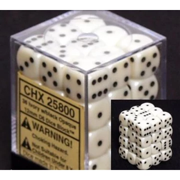 Dobókocka - Chessex Opaque d6 (12 mm) kockablokk Ivory w/black (36 db-os szett)