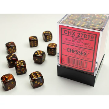 Dobókocka - Chessex Scarab d6 (12 mm) kockablokk Blue Blood/gold (36 db-os szett)