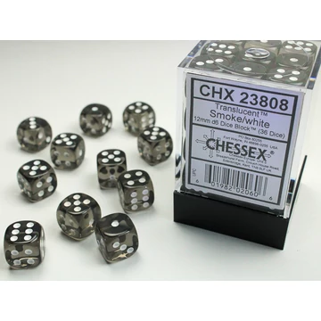 Dobókocka - Chessex Translucent d6 (12 mm) kockablokk Smoke/white (36 db-os szett)