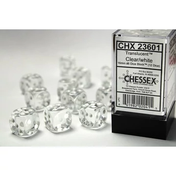 Dobókocka - Chessex Translucent d6 (16 mm) kockablokk Clear/white (12 db-os szett)