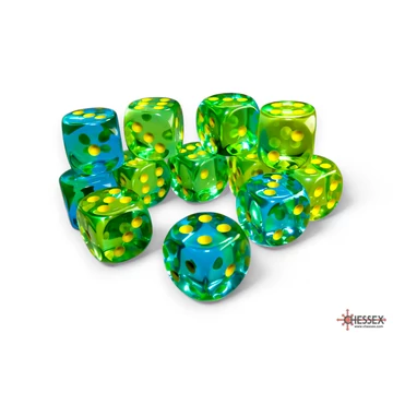 Dobókocka - Chessex Gemini d6 (16 mm) kockablokk Translucent Green-Teal/Yellow (12 db-os szett)