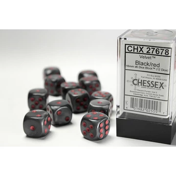 Dobókocka - Chessex d6 (16 mm) kockablokk Velvet Black/red (12 db-os szett)