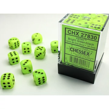 Dobókocka - Chessex Vortex d6 (12 mm) kockablokk Bright Green/black (36 db-os szett)