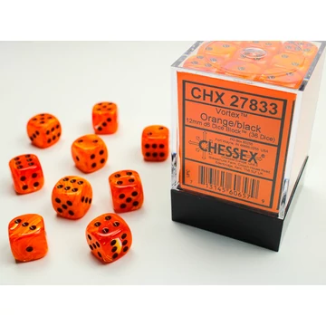Dobókocka - Chessex Vortex d6 (12 mm) kockablokk Orange/black (36 db-os szett)