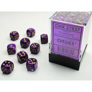 Dobókocka - Chessex Vortex d6 (12 mm) kockablokk Purple/gold (36 db-os szett)